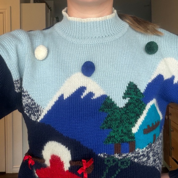 Vintage Ski Cabin Knit Sweater in Navy, Light Blue & Red - Picture 5 of 15